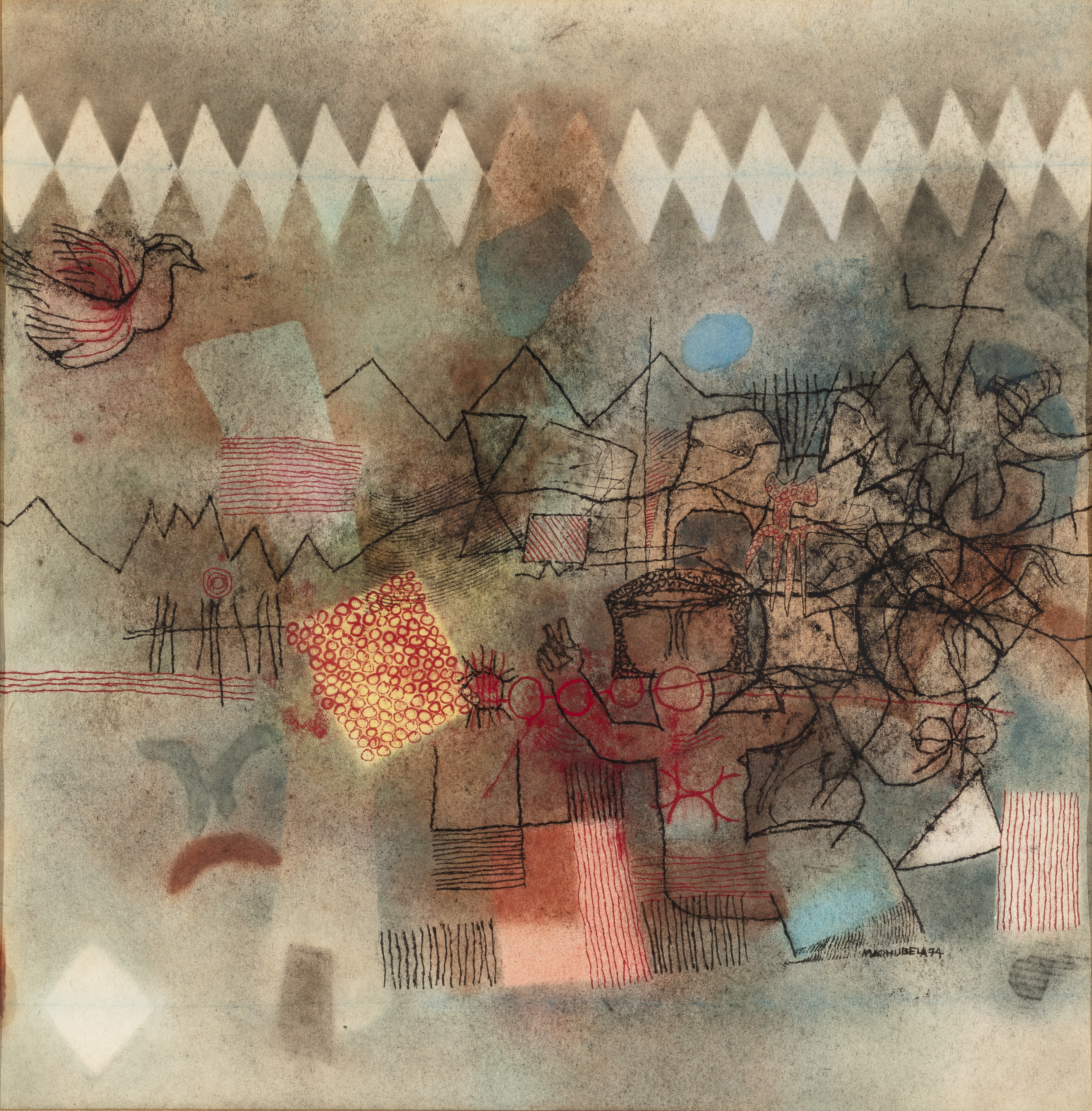 Artwork by Louis Maqhubela, Abstract with figure and bird, Made of Watercolour, Ink, Charcoal And Pastel On Paper