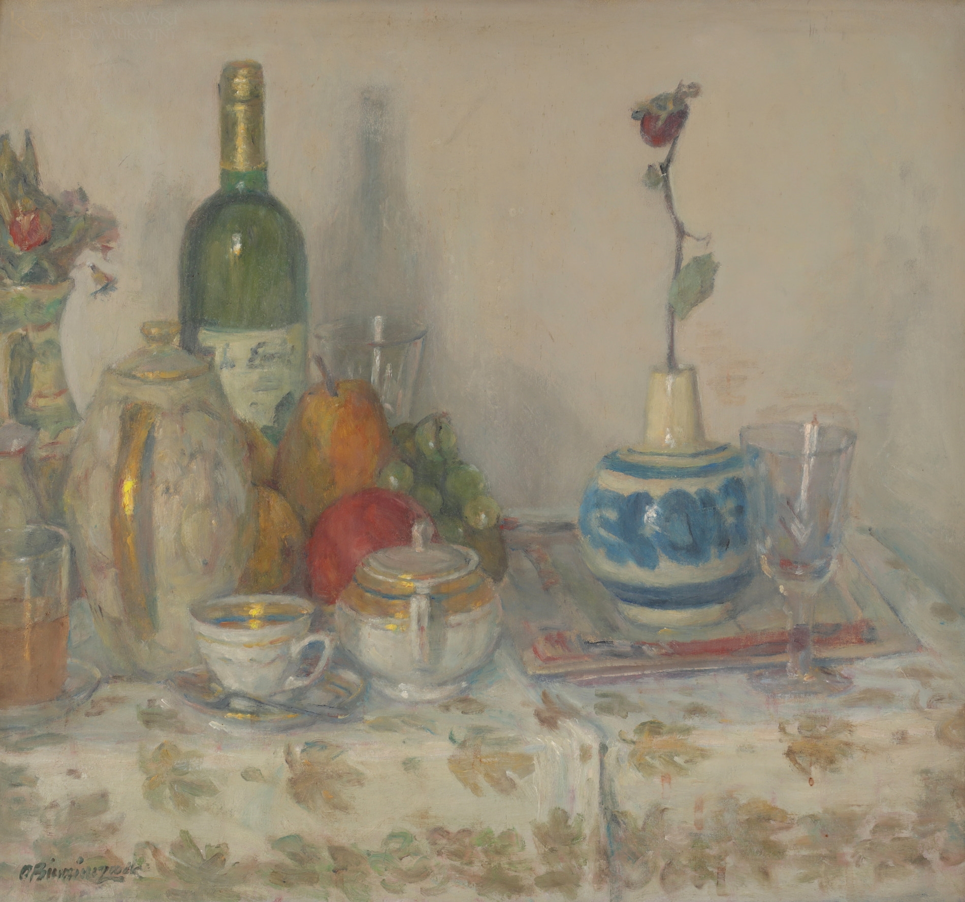 Artwork by Olgierd Bierwiaczonek, Martwa natura z kwiatkiem, owocami i winem, Made of oil on cardboard