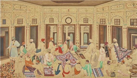 TRADERS EVALUATING SHAWLS IN THE HOUSE OF THE BROKER (MUQIM)