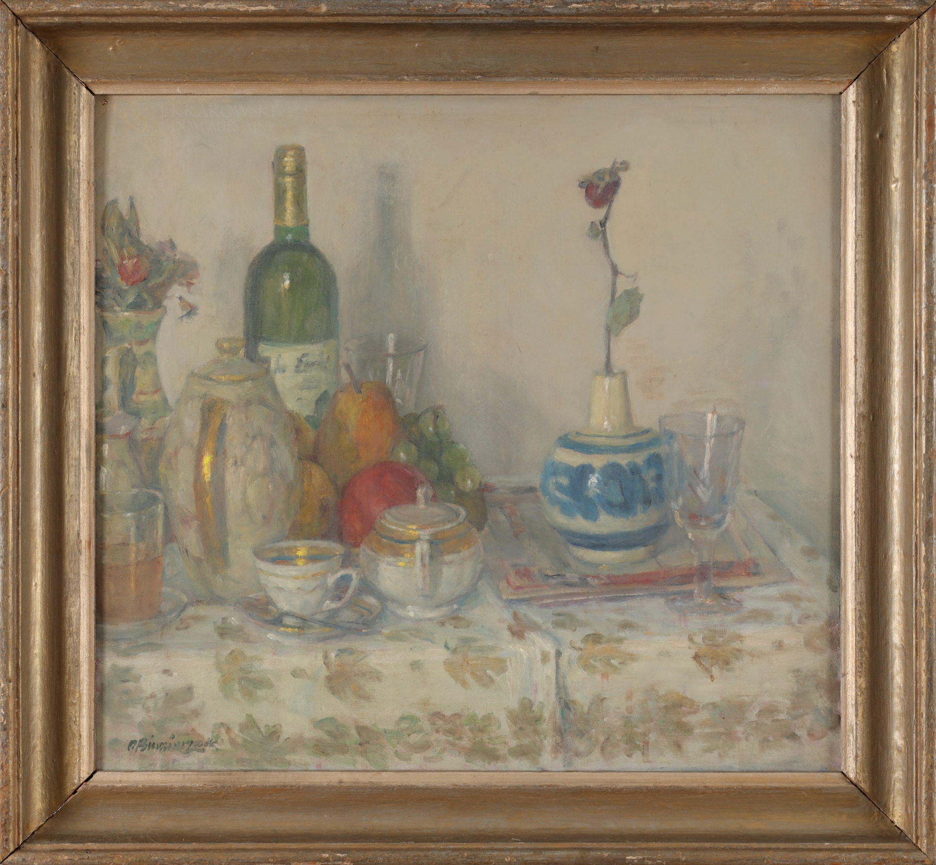 Artwork by Olgierd Bierwiaczonek, Martwa natura z kwiatkiem, owocami i winem, Made of oil on cardboard