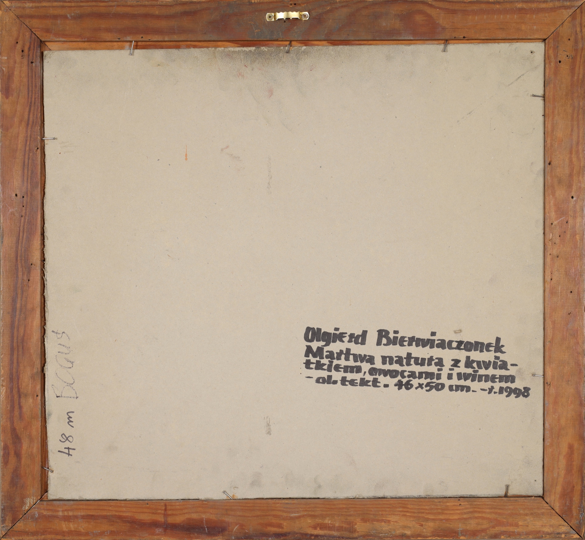 Artwork by Olgierd Bierwiaczonek, Martwa natura z kwiatkiem, owocami i winem, Made of oil on cardboard