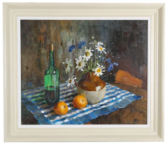 Still Life of Flowers, Oranges and Wine by Joyce Seddon, 20th Century