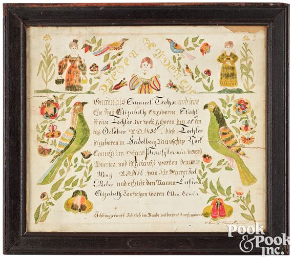 York County ink and watercolor fraktur birth certificate by Daniel Peterman, 1838