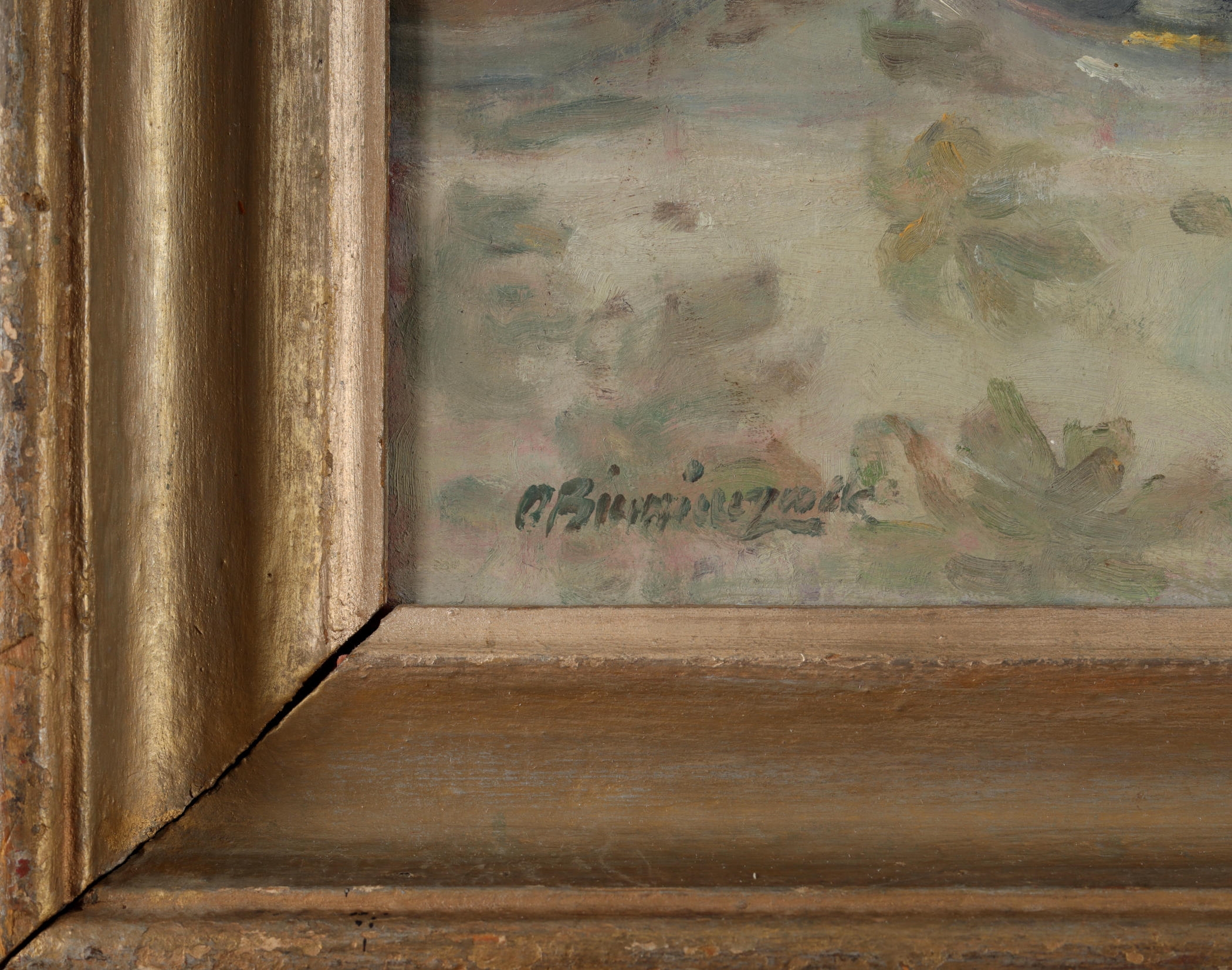 Artwork by Olgierd Bierwiaczonek, Martwa natura z kwiatkiem, owocami i winem, Made of oil on cardboard