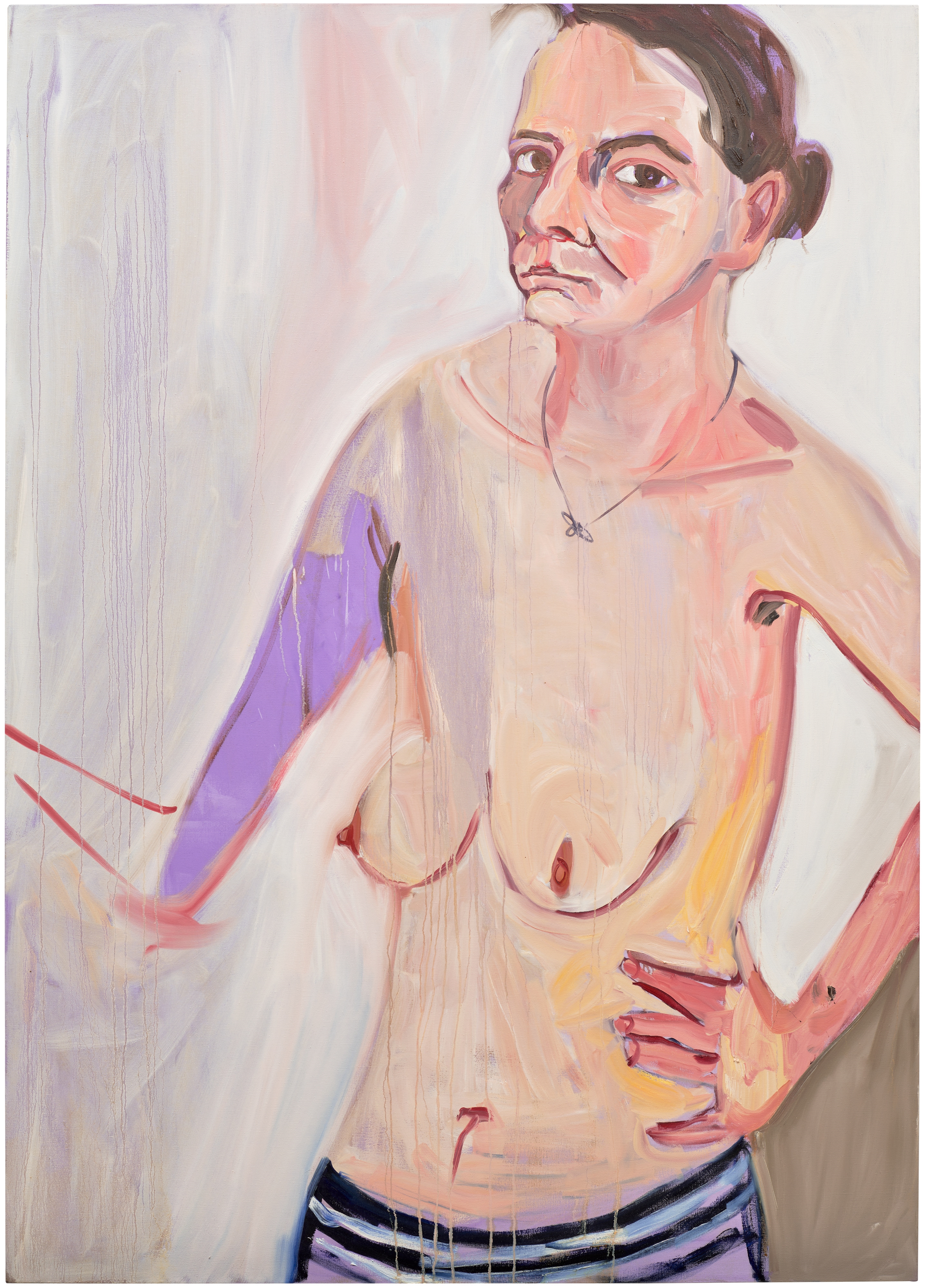 Artwork by Chantal Joffe, Self-Portrait in Striped Trousers, Made of Oil on canvas