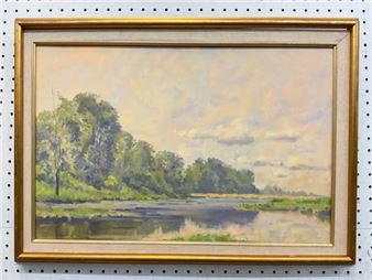 A serene landscape painting of a river reflecting the sky and trees.