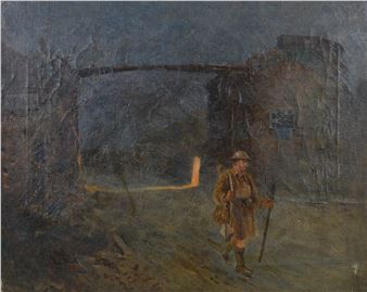 A solitary traveler with a walking stick walks through a dimly lit, textured landscape.