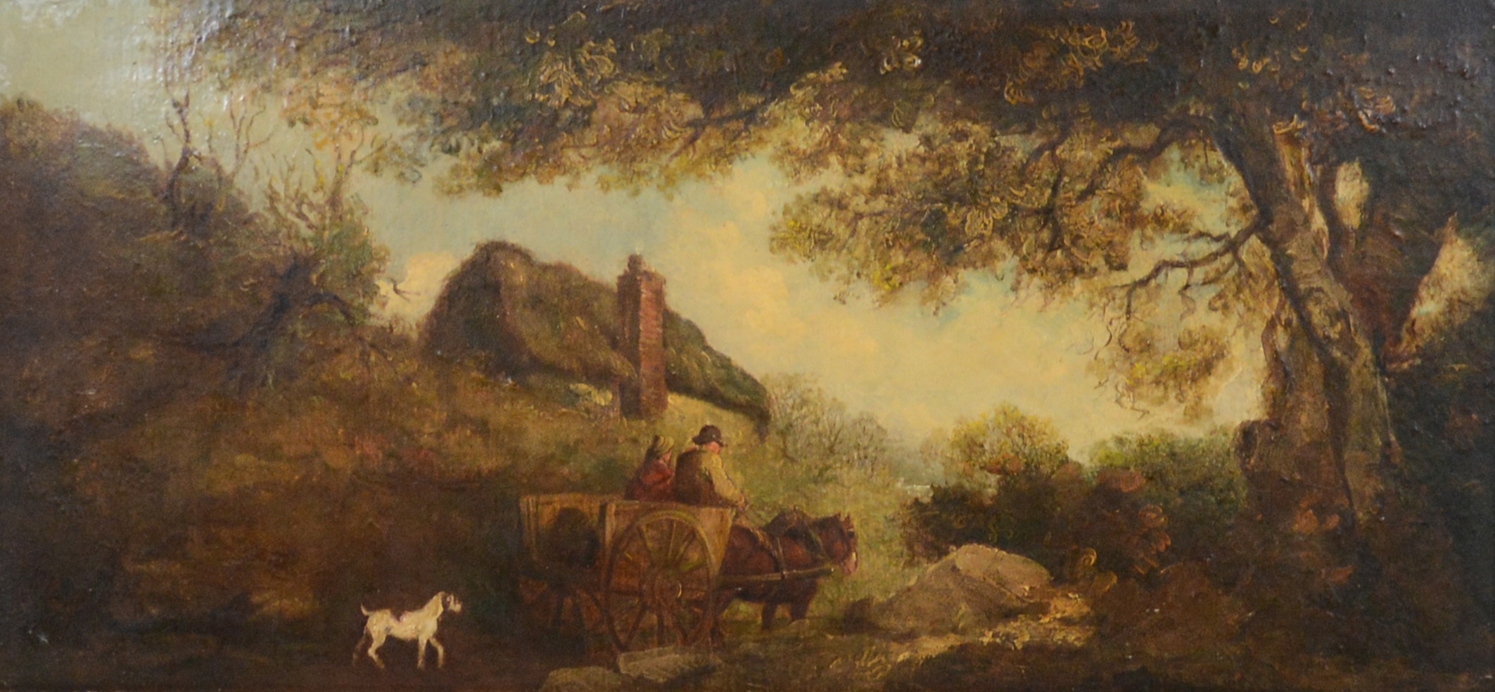 George Morland | Rural scene, with figures in a cart, on a wooded ...