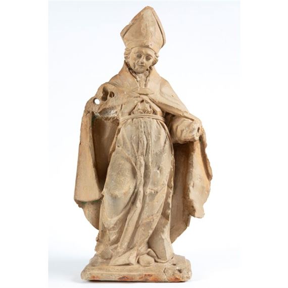 Escultura de un obispo en piedra tallada - French School, 15th Century