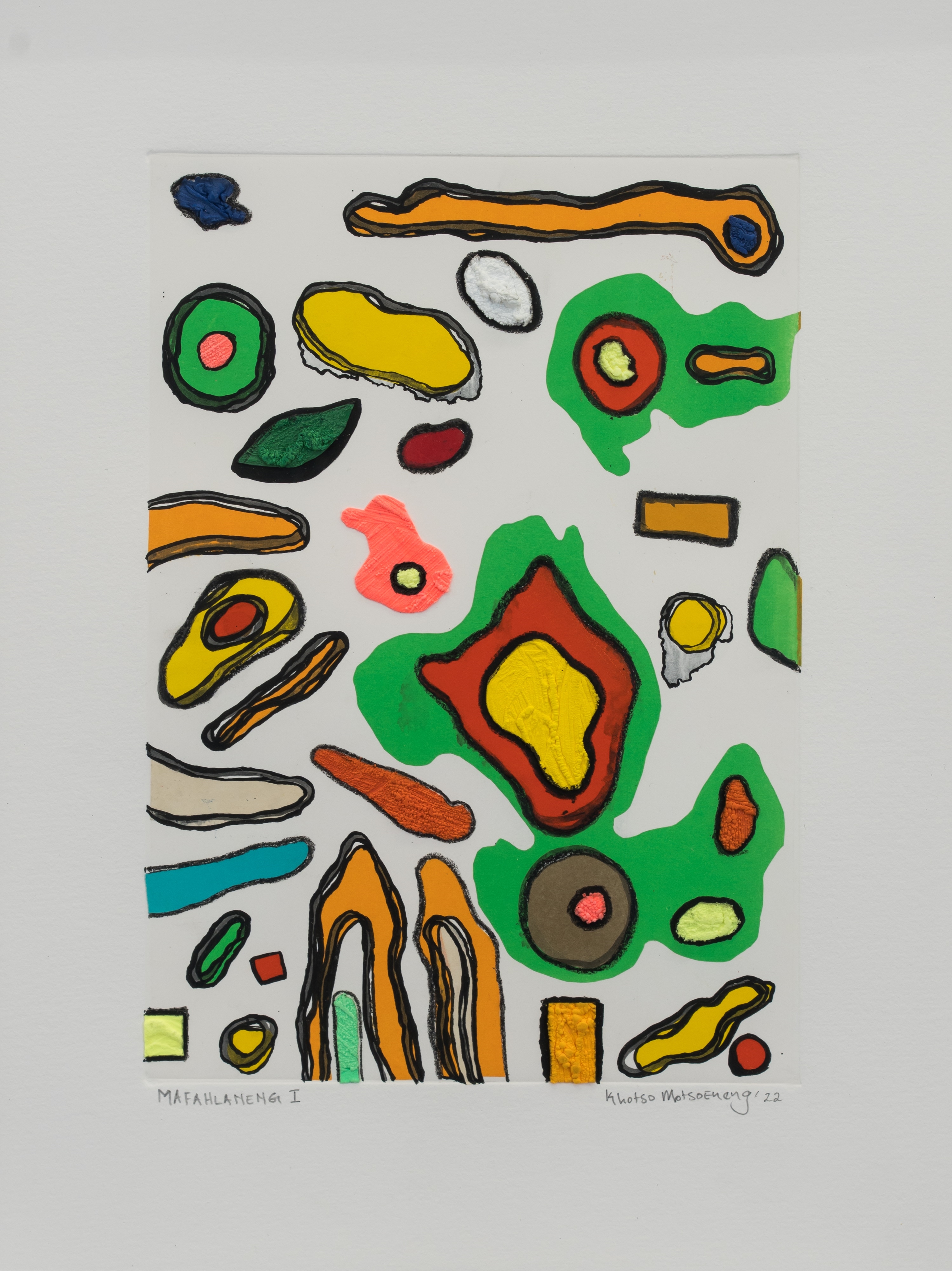 Artwork by Khotso Motsoeneng, Mafahlaneng I, Made of Monotype With Puff-Paint Collage And Ink Handwork