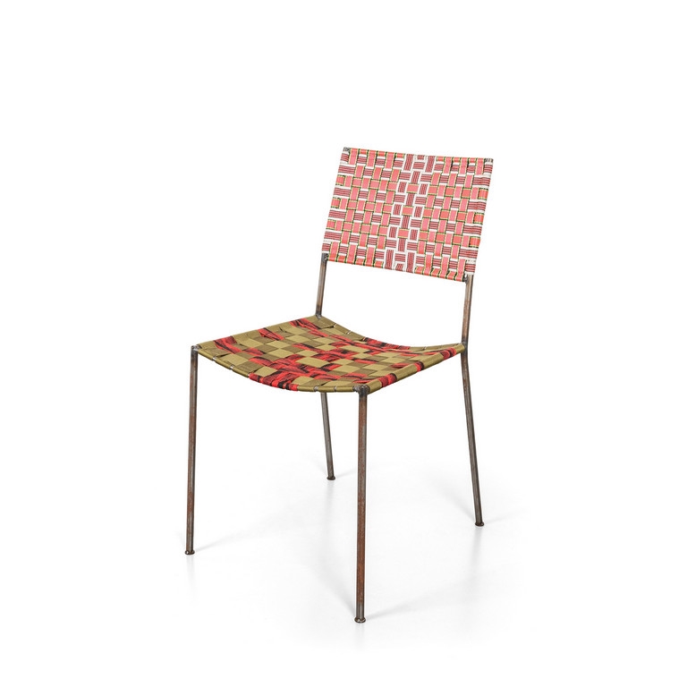 Artwork by Franz West, Uncle-Chair, Made of Welded Iron Tubular, Multi-Colored Plastic Straps Woven Together