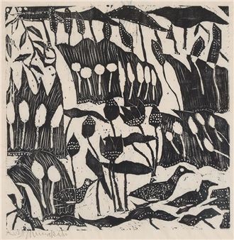 August: Reeds, Lotuses, Bulrushes, and a Family of Waterfowl - Shiko Munakata