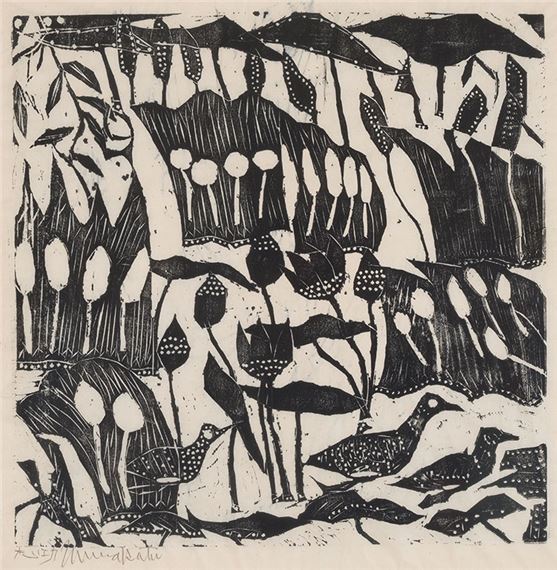 August: Reeds, Lotuses, Bulrushes, and a Family of Waterfowl - Shiko Munakata