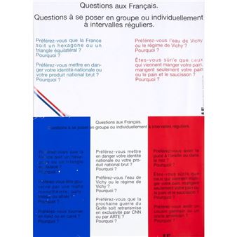 A French-language worksheet featuring a central white column flanked by blue and red panels, displaying provocative questions in bold text.