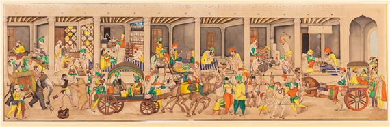 Maharaja Ranjit Singh in procession, riding on an elephant through a bazaar by Bishan Singh, circa 1860-70