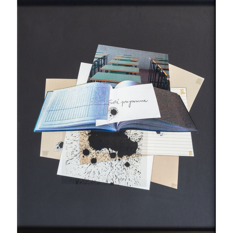 Artwork by Giulio Paolini, Senza titolo (Fuori Programma, Made of Pencil Inscription And Collage On Black Paper