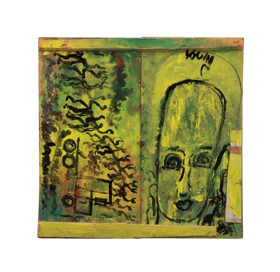 Untitled - Abstract portrait and truck scene by Purvis Young