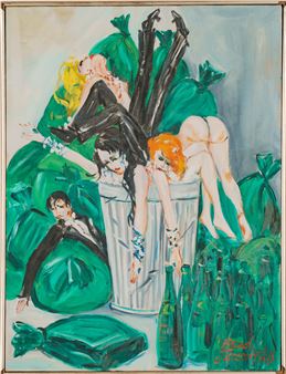 A chaotic scene of figures in a trash can amidst green garbage bags and bottles.