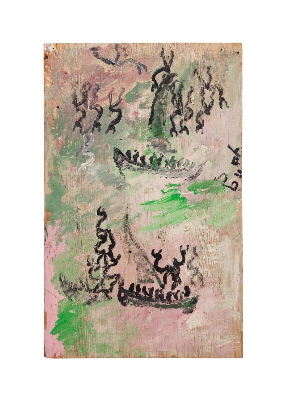 Artwork by Purvis Young, Untitled - Abstract boat scene, Made of Paint On Wood Board