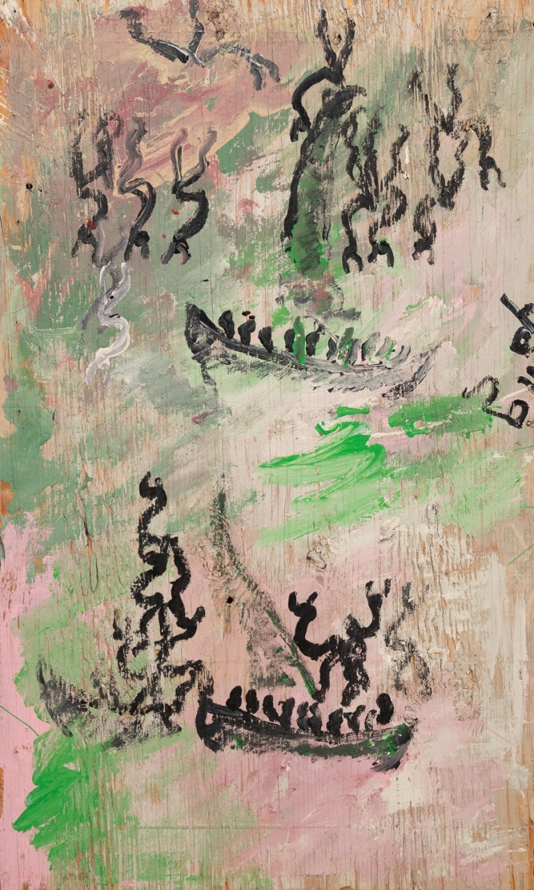 Artwork by Purvis Young, Untitled - Abstract boat scene, Made of Paint On Wood Board