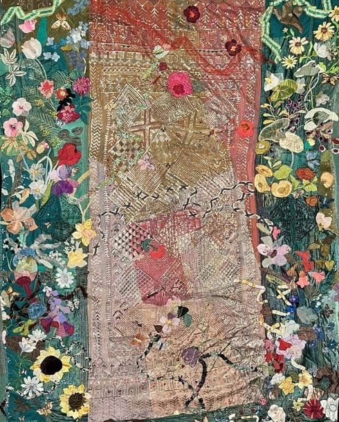 Artwork by Jacqueline Heaney-hauser, Composition with flowers and butterflies, Made of Appliquéd tapestry, embroidery and patchwork