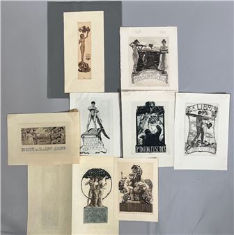 BUNDLE OF 8 BOOKPLATES, INCLUDING &quot;KONGRESS FÜR GEWERBLICHEN RECHTSSCHUTZ LEIPZIG&quot; AND &quot;FESTESSEN IM PALMENGARTEN&quot; - Alois Kolb