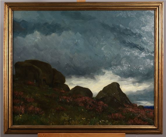A dramatic landscape painting featuring dark rocks, wildflowers, and a turbulent sky.