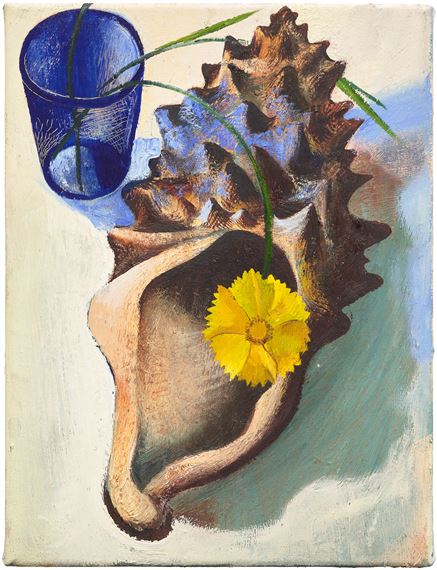 A still life painting featuring a large conch shell holding a yellow flower, with a blue glass and green stems nearby.