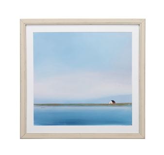 A minimalist seascape painting featuring a lone house on a distant horizon under a vast sky.