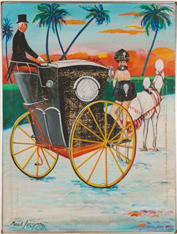 A stylized vintage carriage scene set against a tropical sunset with palm trees and a horse-drawn vehicle.