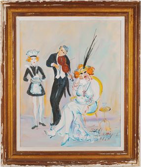 A lively scene of a jazz club performance featuring a conductor, a seated woman in a feathered hat, and a waitress.