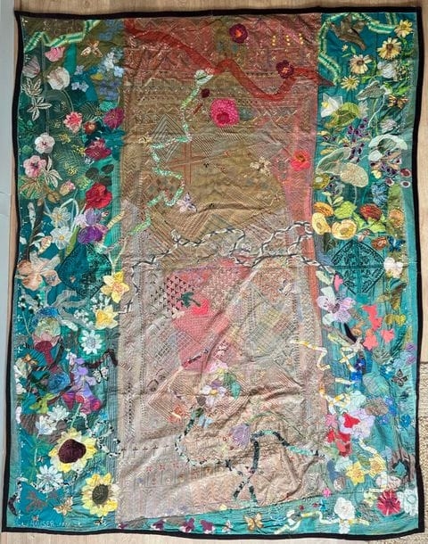 Artwork by Jacqueline Heaney-hauser, Composition with flowers and butterflies, Made of Appliquéd tapestry, embroidery and patchwork