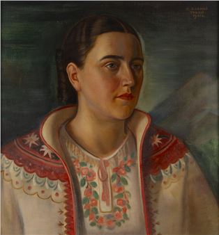 A formal portrait of a person in traditional embroidered clothing against a dark, atmospheric background.