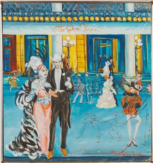 A vibrant, stylized illustration of a formal ball scene featuring a couple in the foreground and a lively crowd in the background.