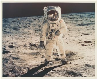 A man on the Moon: Buzz Aldrin with the photographer, LM Eagle and Earth reflected in his gold-plated sun visor, 16-24 July 1969 - Neil Armstrong