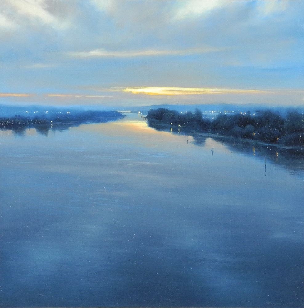 Artwork by Renato Muccillo, Fraser River Under Blue Veil, Made of Oil On Board