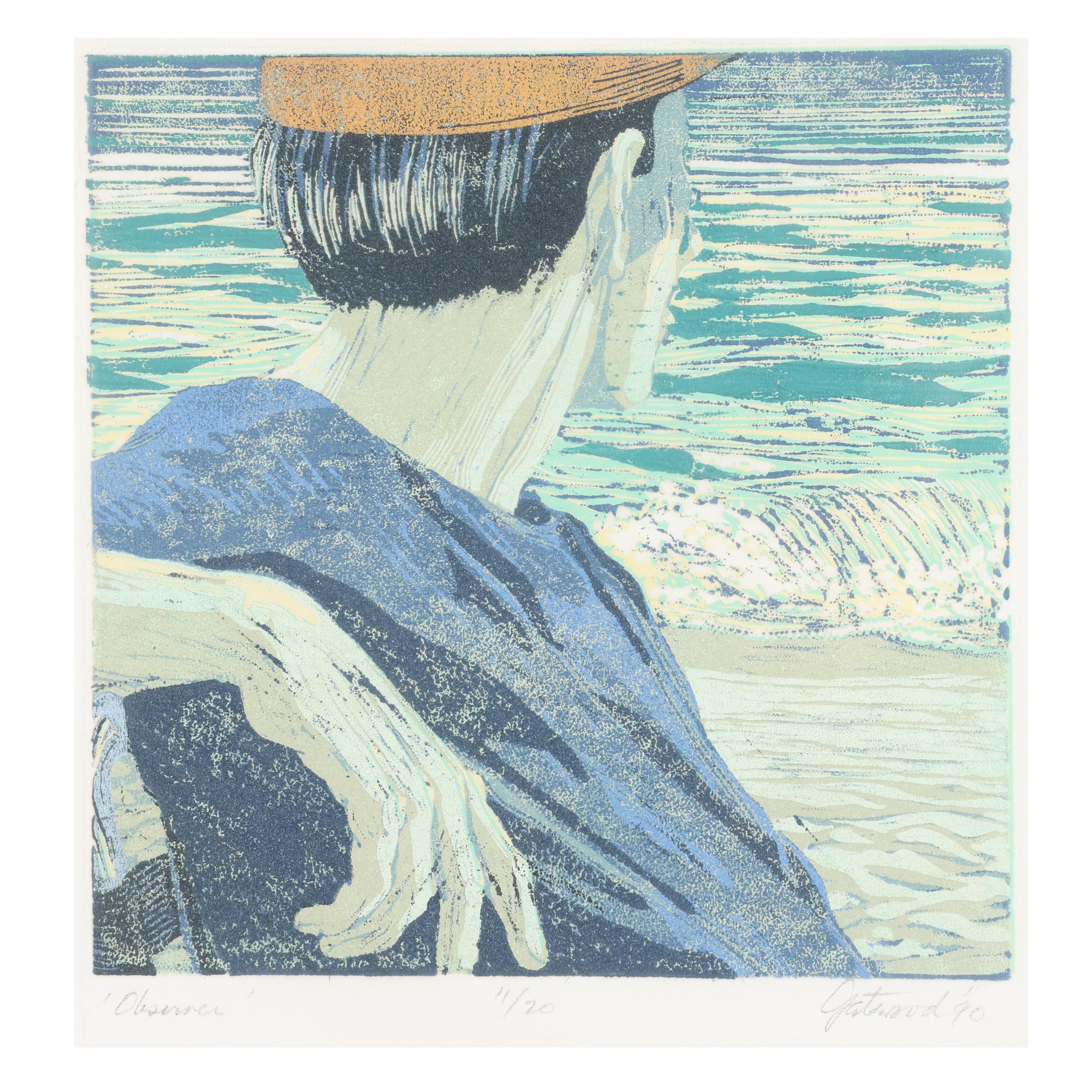 Artwork by Maud Gatewood, Observer, Made of Reduction Linocut In Colors