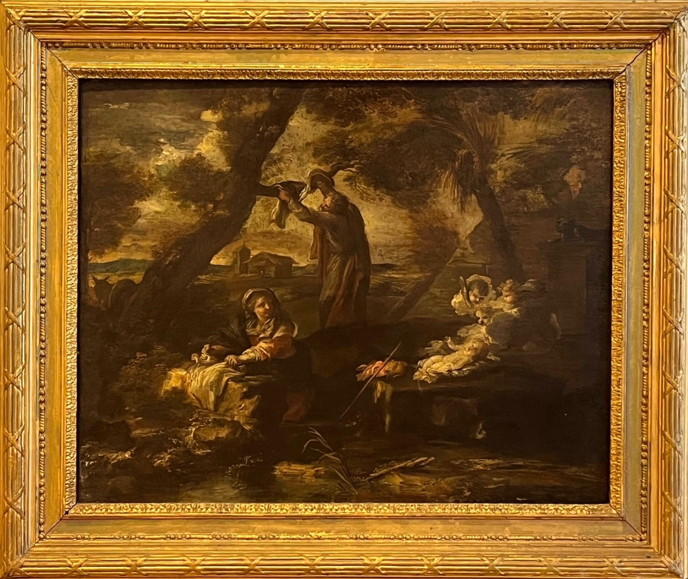 A dramatic Baroque-style painting depicting a religious scene with figures in a rocky landscape.