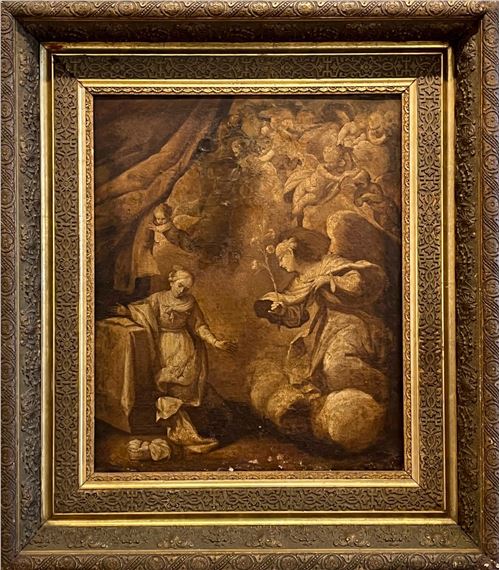 A dramatic Baroque painting of a mystical encounter between a kneeling figure and an angelic presence.
