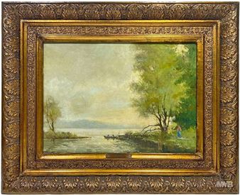 Atmospheric riverside or lakeside landscape with trees, water, a small boat and a figure in the foreground - William Benner