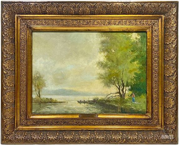 Atmospheric riverside or lakeside landscape with trees, water, a small boat and a figure in the foreground - William Benner