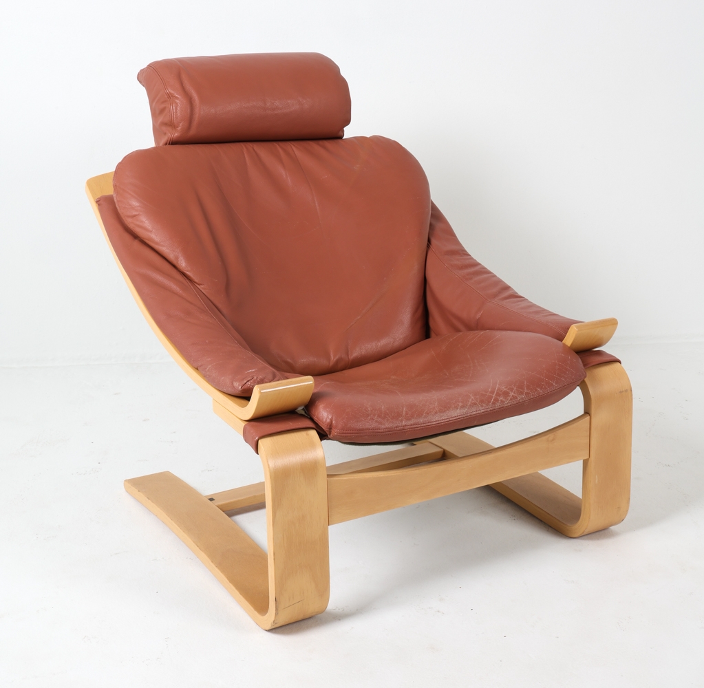 Artwork by Ake Fribyter, KROKEN CHAIR, Made of Beech frame with cognac leather upholstery