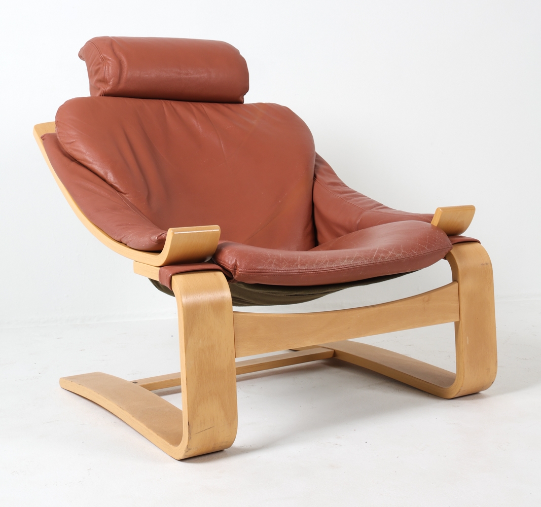 Artwork by Ake Fribyter, KROKEN CHAIR, Made of Beech frame with cognac leather upholstery