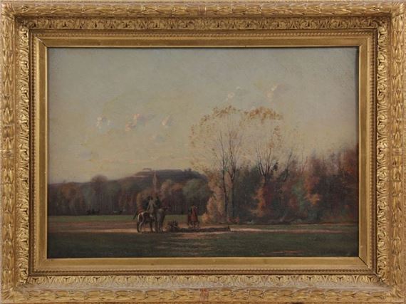 Wooded landscape with horsemen by G. De Saint-Maurice, 1880