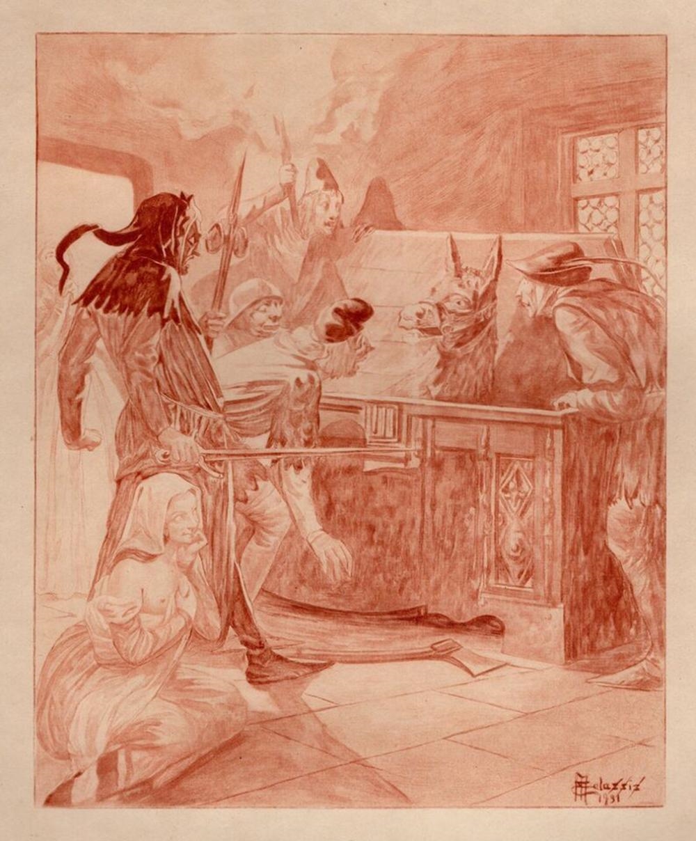 Artwork by Edmond Malassis, The Trapped Donkey, Made of Copper Plate Engraving In Red Ink On Velin Paper