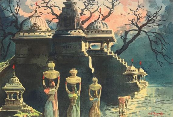 A temple in a riverside landscape - G.D. Thyaga Raj