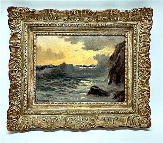 A seascape painting in an ornate frame depicting a stormy ocean with dramatic lighting.