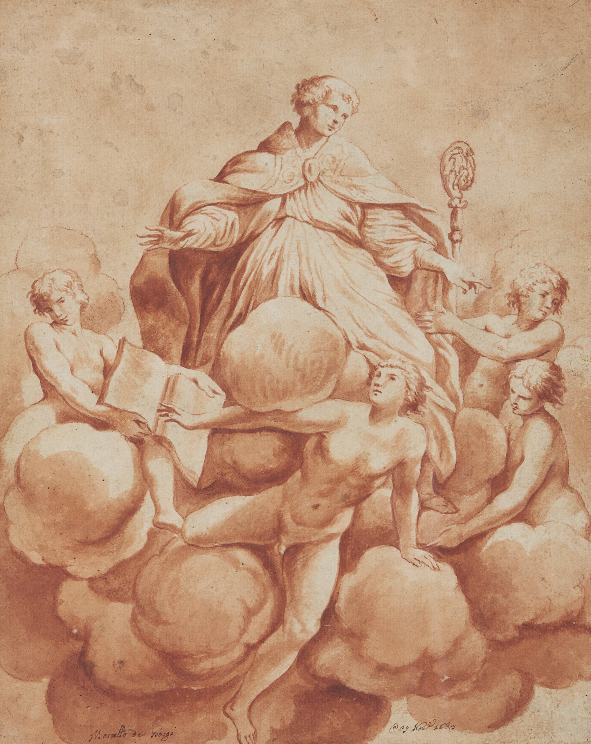 Artwork by Correggio, Marcello Giorgio, Saint Hilary Bishop with Angels, Made of Red Chalk On Paper