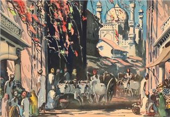 Indian street scene with a mosque beyond - G.D. Thyaga Raj