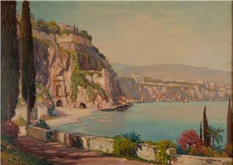 Perhaps a South American coastal scene with dwellings on a bluff showing distant rolling hills - Sylvio Pinto